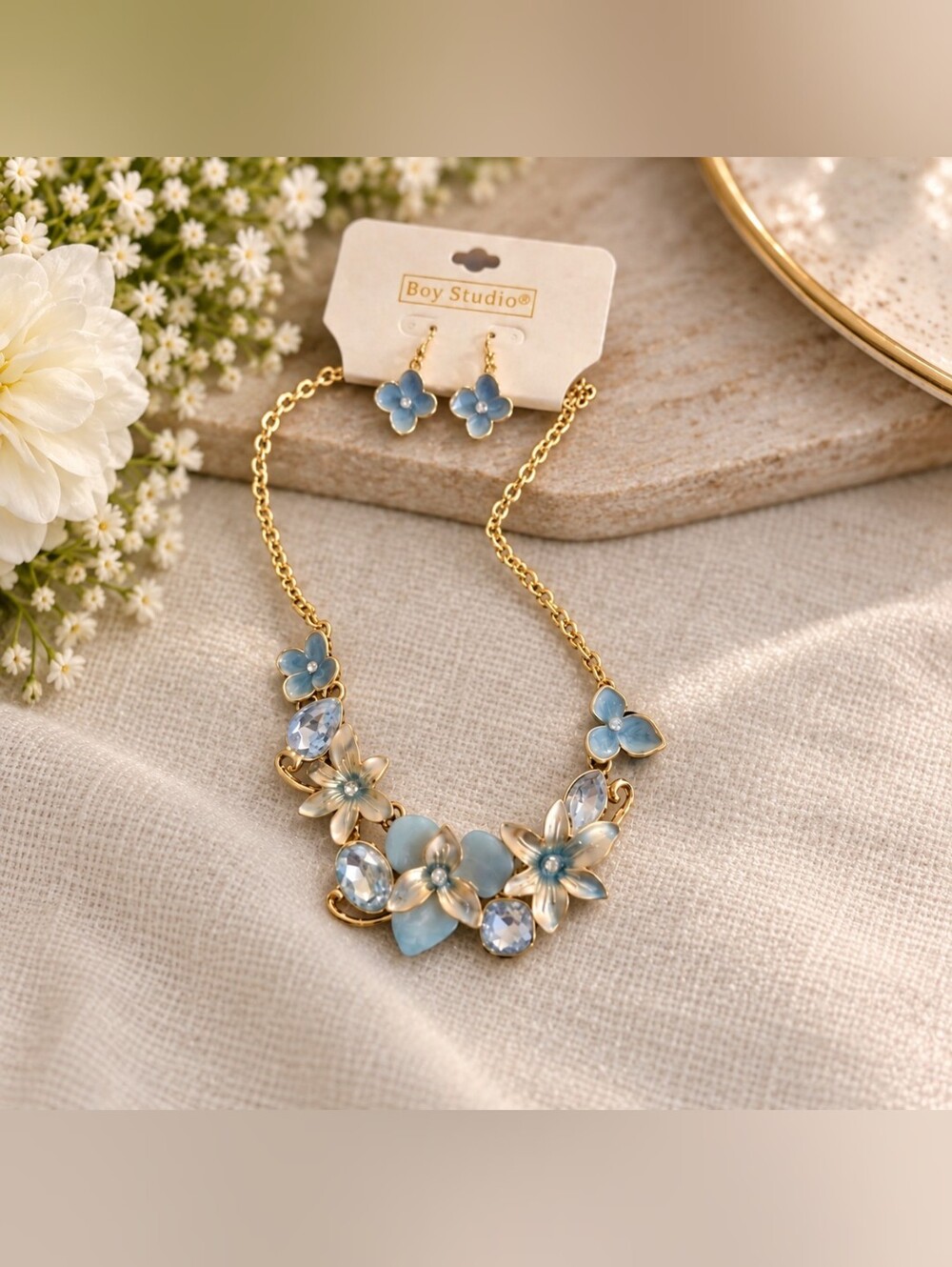 Women's Bey Studio Blue Floral Rhinestone Necklace & Earrings